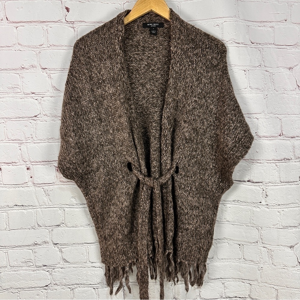 Nine West Sweater Womens Medium Brown Tan Wrap Cardigan poncho Fringe Heathered